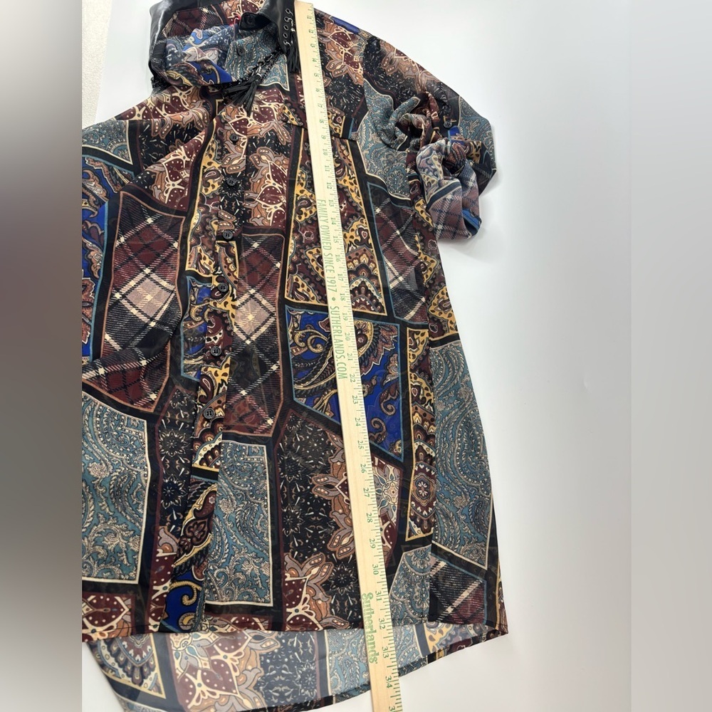Vtg Simon Chang Collection patchwork print shirt with chains tassels 6 - Picture 15 of 16